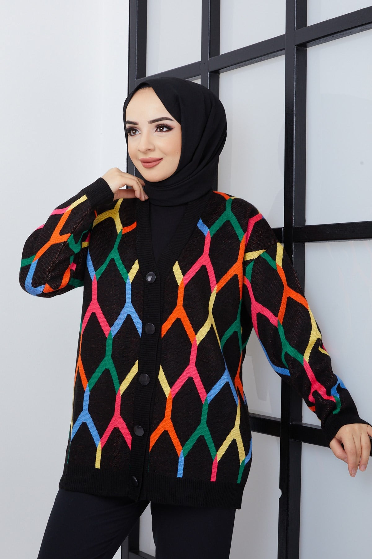 Şimal Desenli Oversize Triko Hırka 