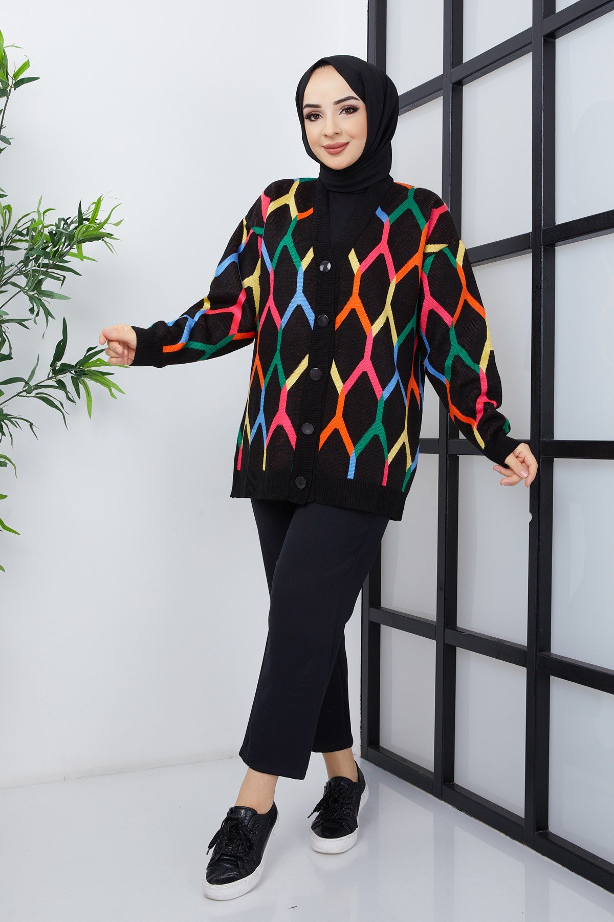 Şimal Desenli Oversize Triko Hırka 