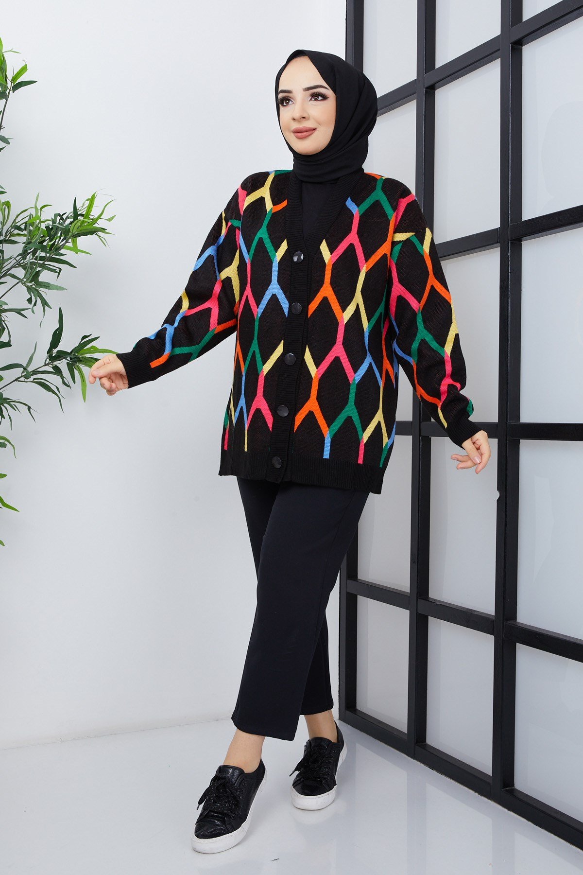 Şimal Desenli Oversize Triko Hırka 