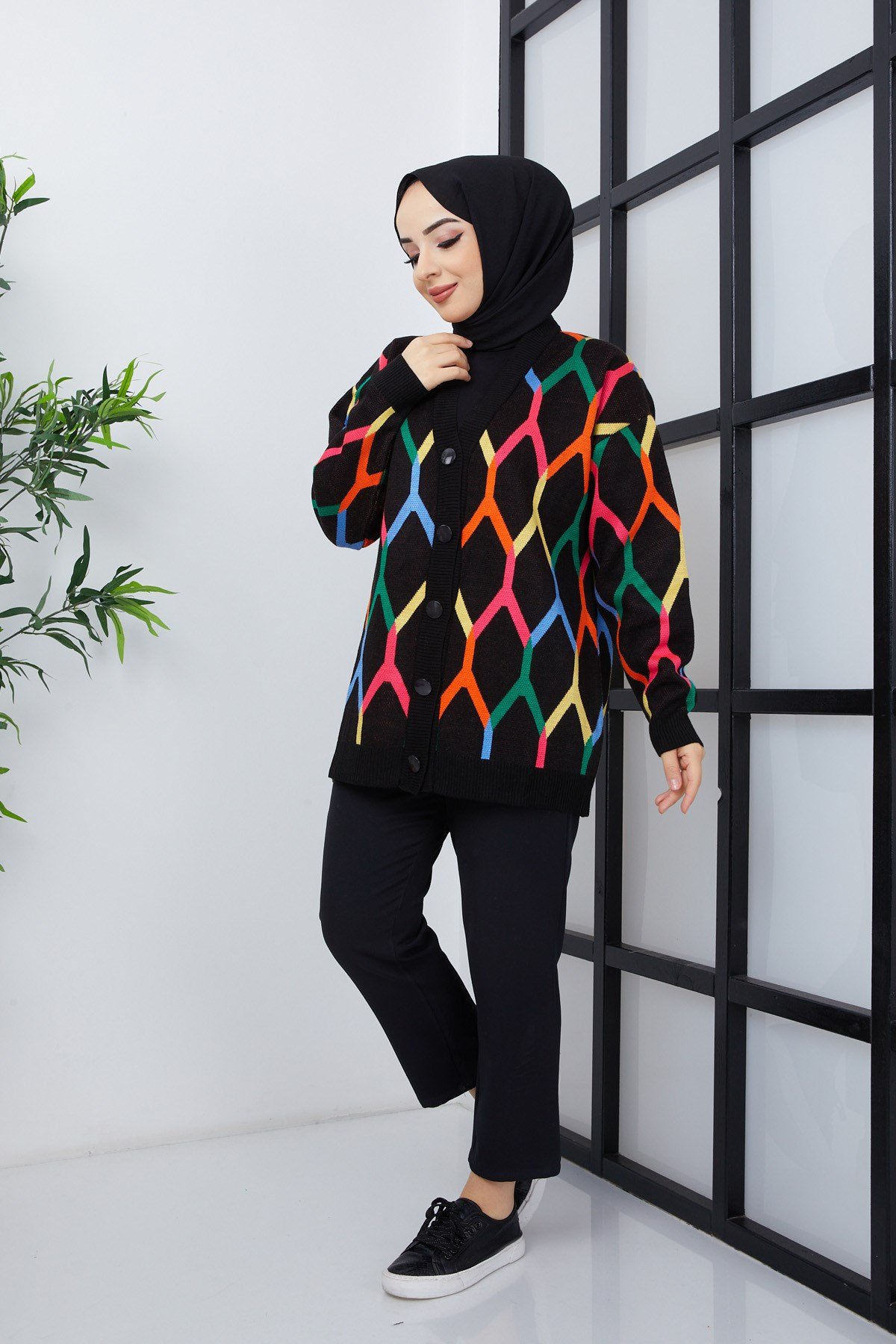 Şimal Desenli Oversize Triko Hırka 
