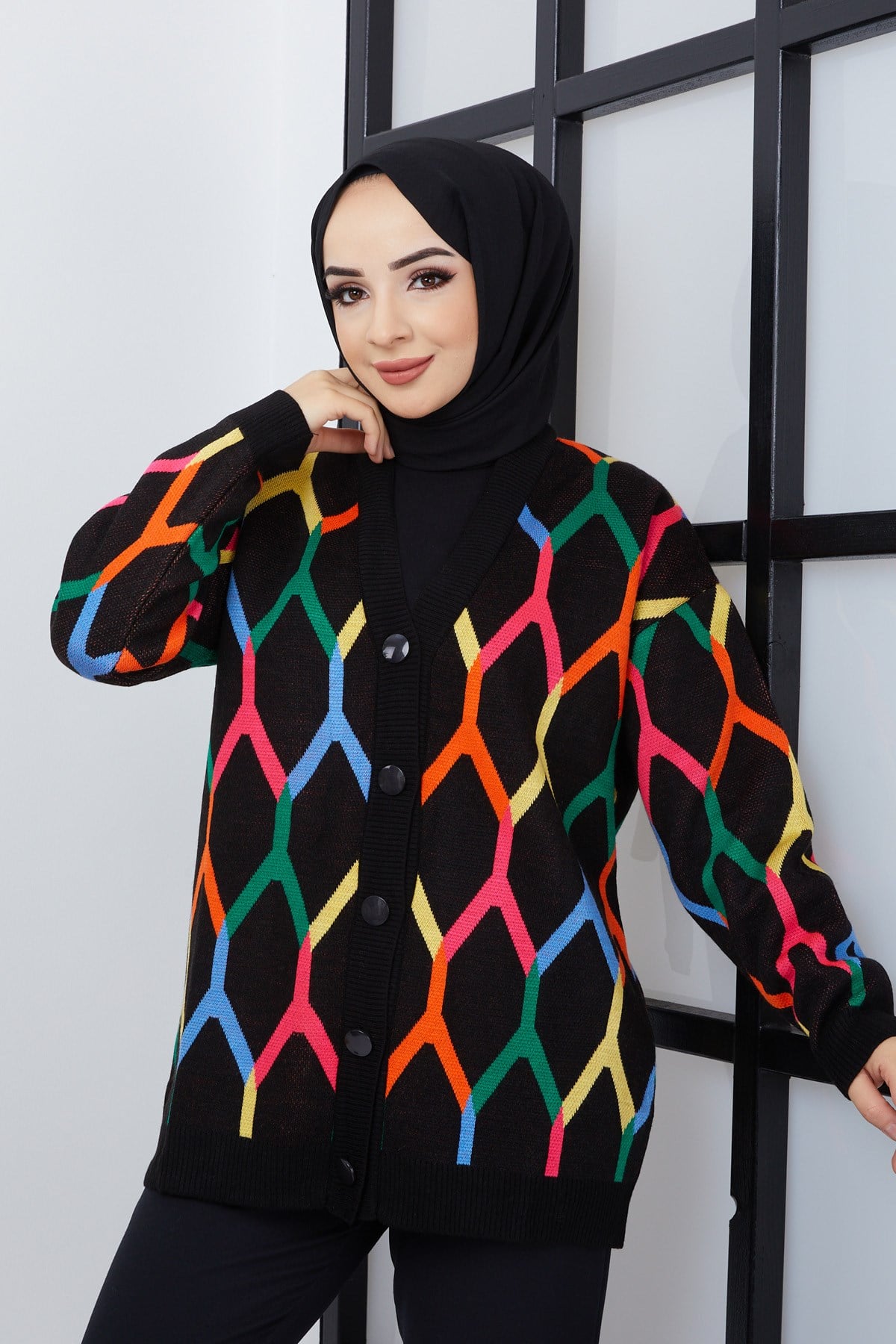 Şimal Desenli Oversize Triko Hırka 