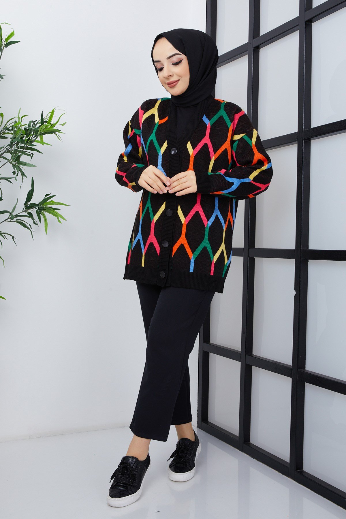 Şimal Desenli Oversize Triko Hırka 