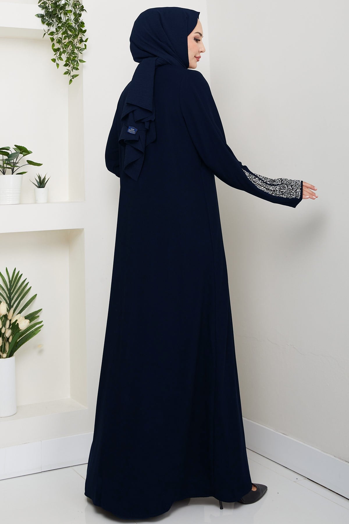 Taş Detaylı İçlikli Abaya Takım Lacivert HM2858