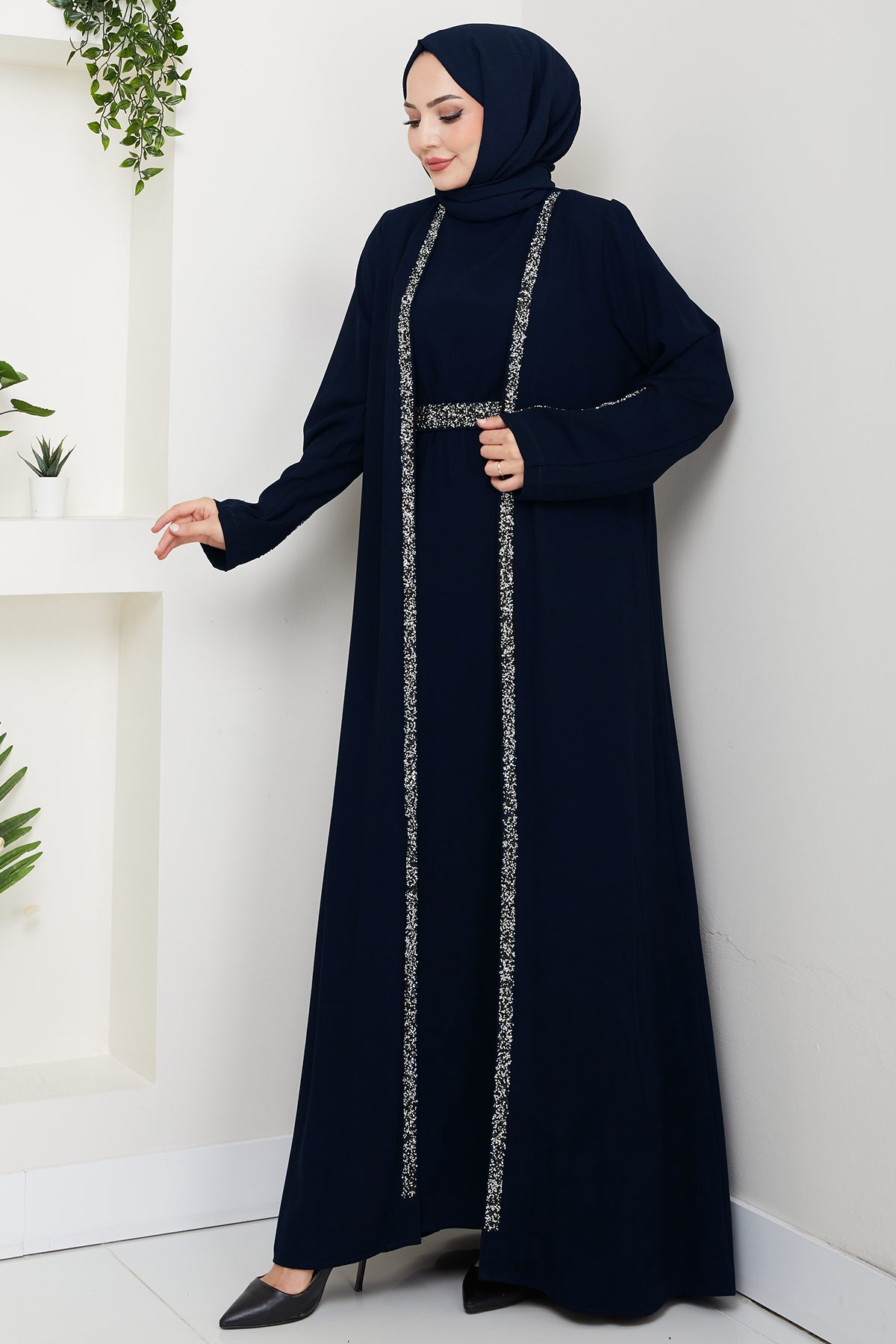 Taş Detaylı İçlikli Abaya Takım Lacivert HM2858