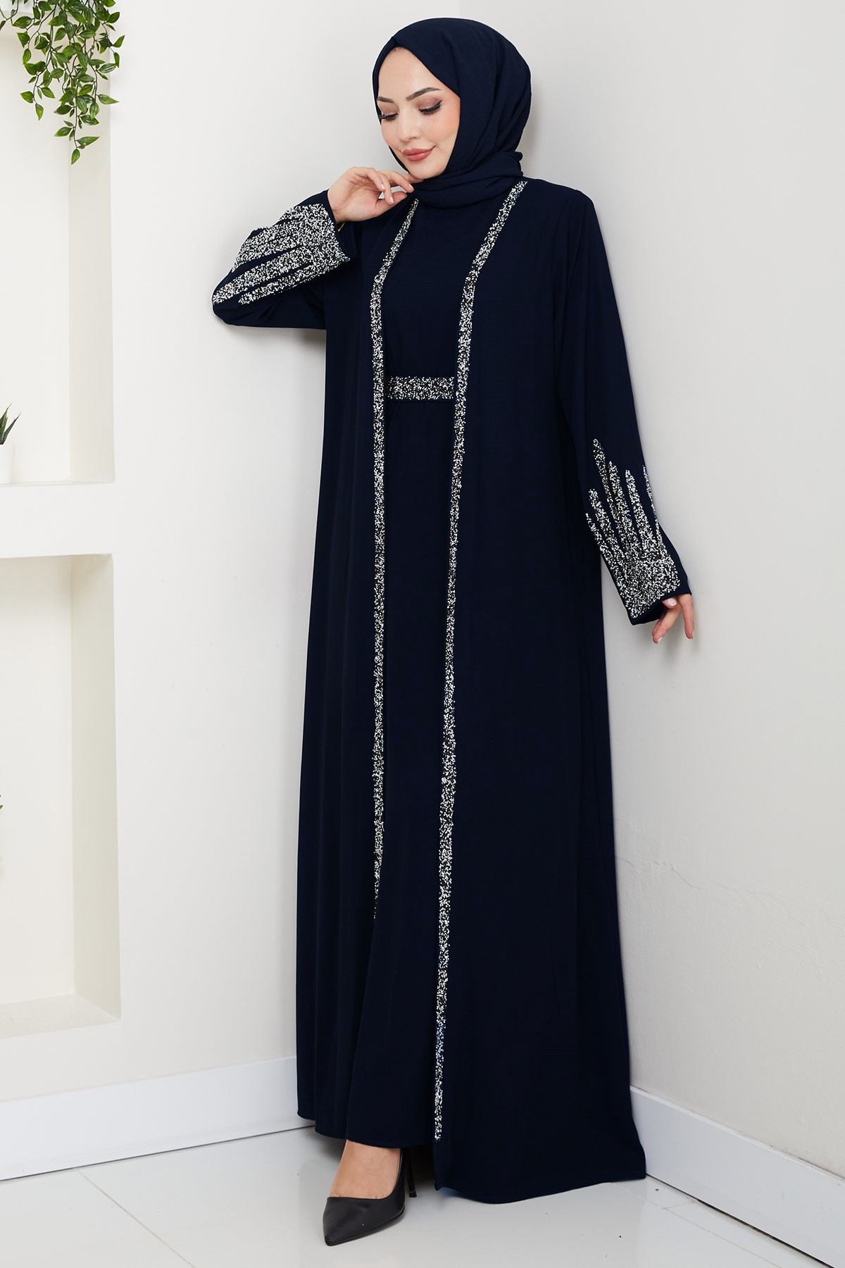 Taş Detaylı İçlikli Abaya Takım Lacivert HM2858