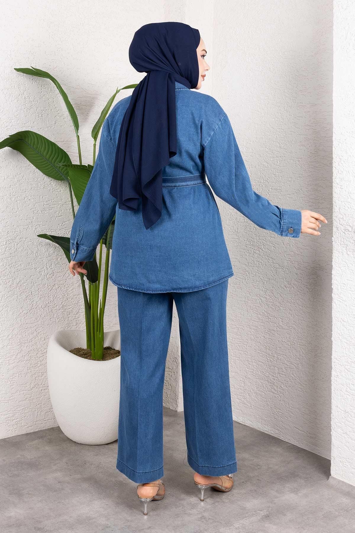Taş Detaylı Kuşaklı Denim Tesettür Takım Açık Mavi
