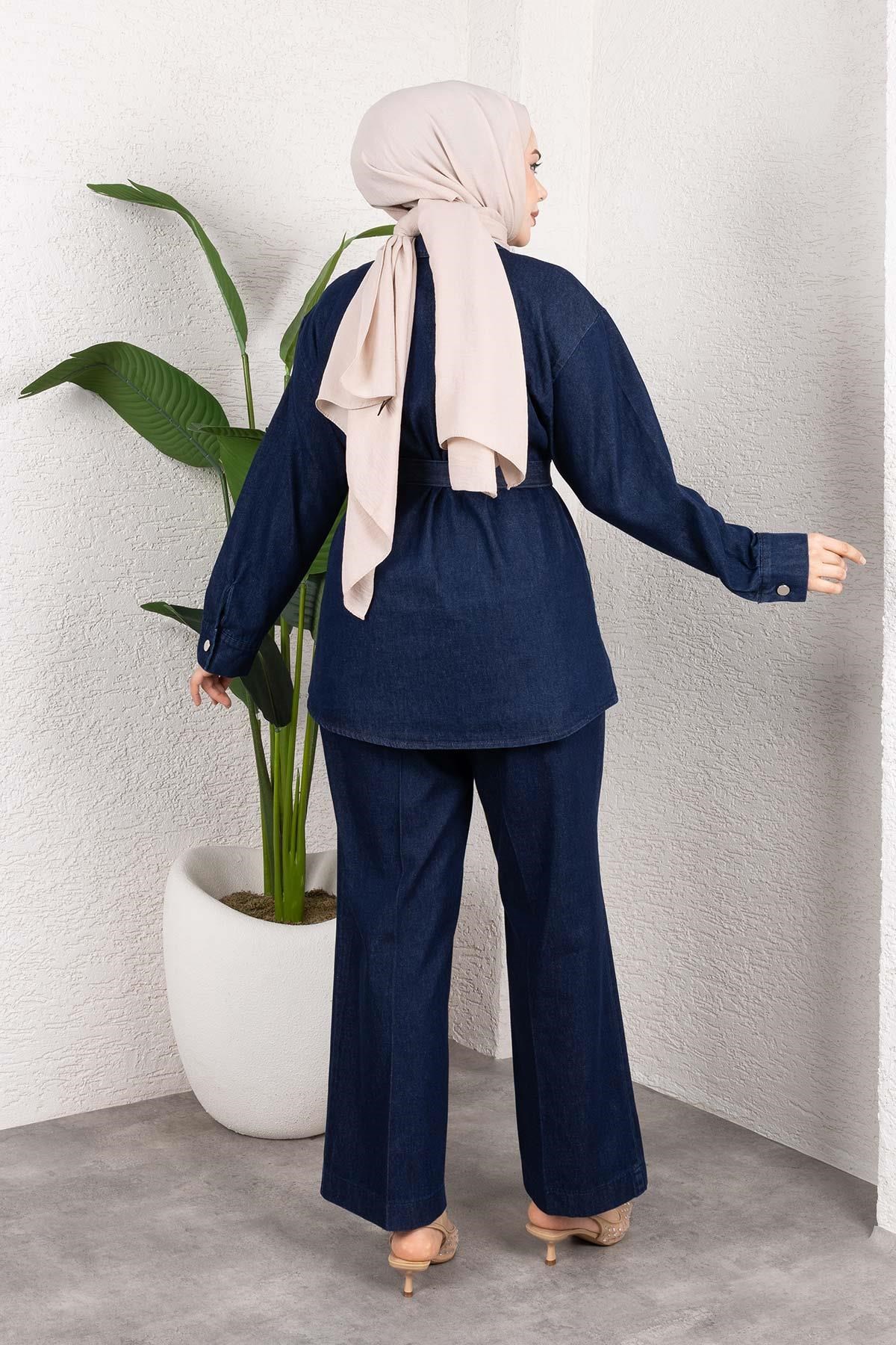 Taş Detaylı Kuşaklı Denim Tesettür Takım Koyu Mavi