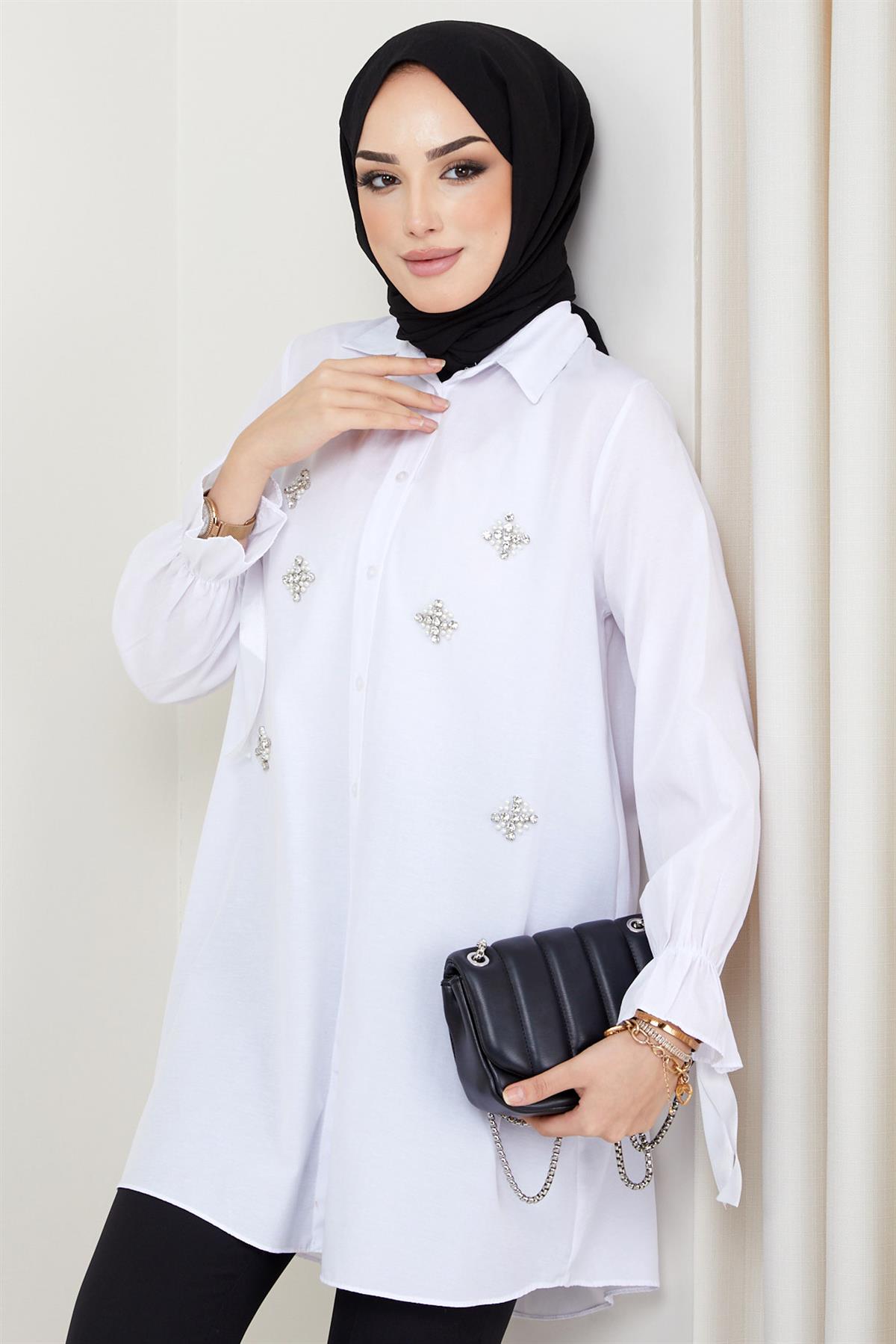 Taş Detaylı Tunik Beyaz