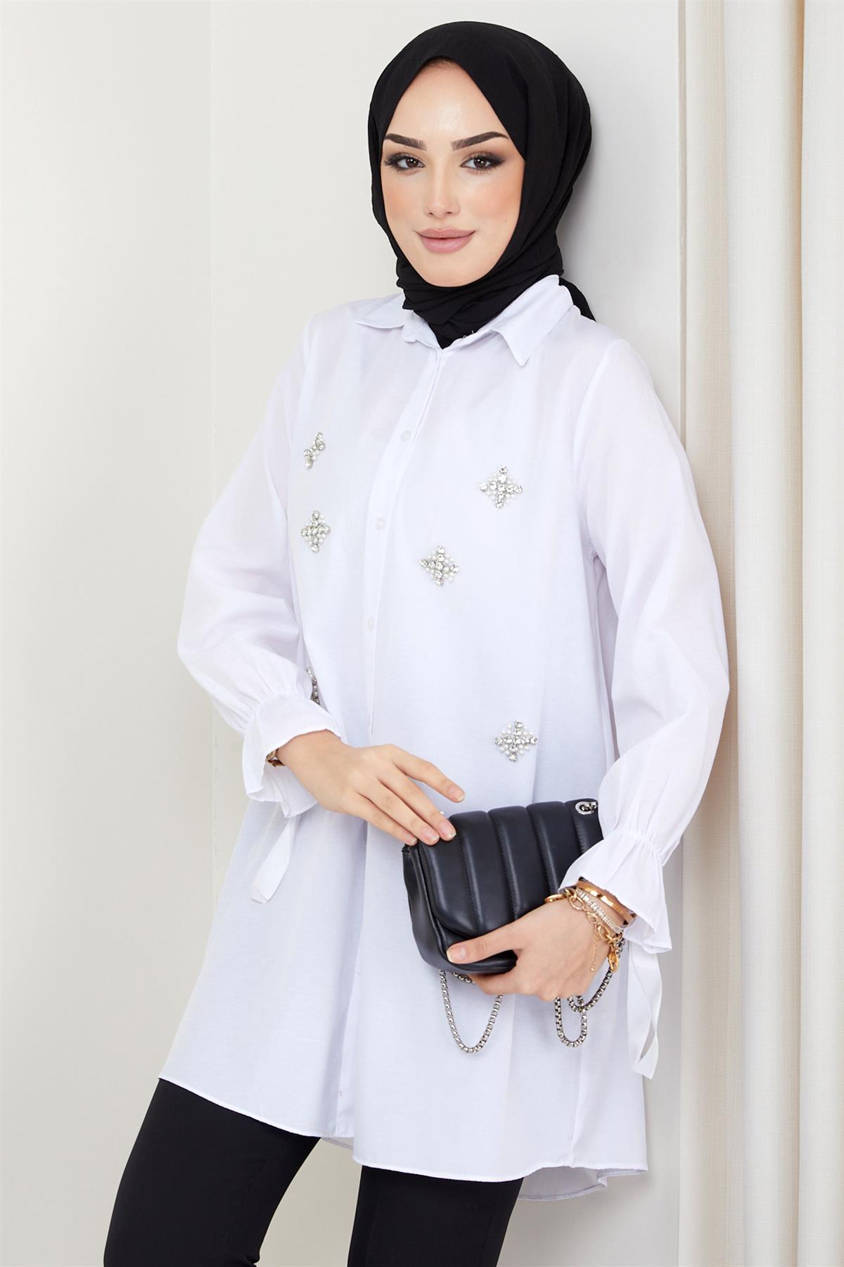 Taş Detaylı Tunik Beyaz