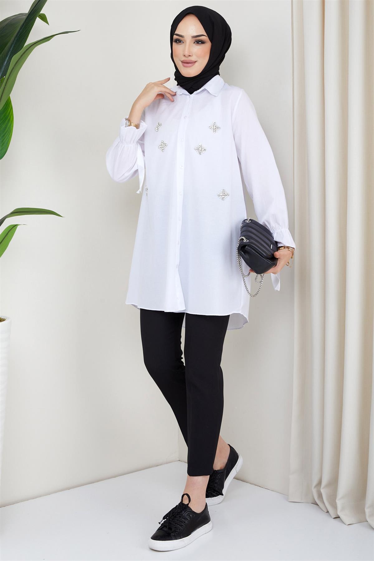 Taş Detaylı Tunik Beyaz