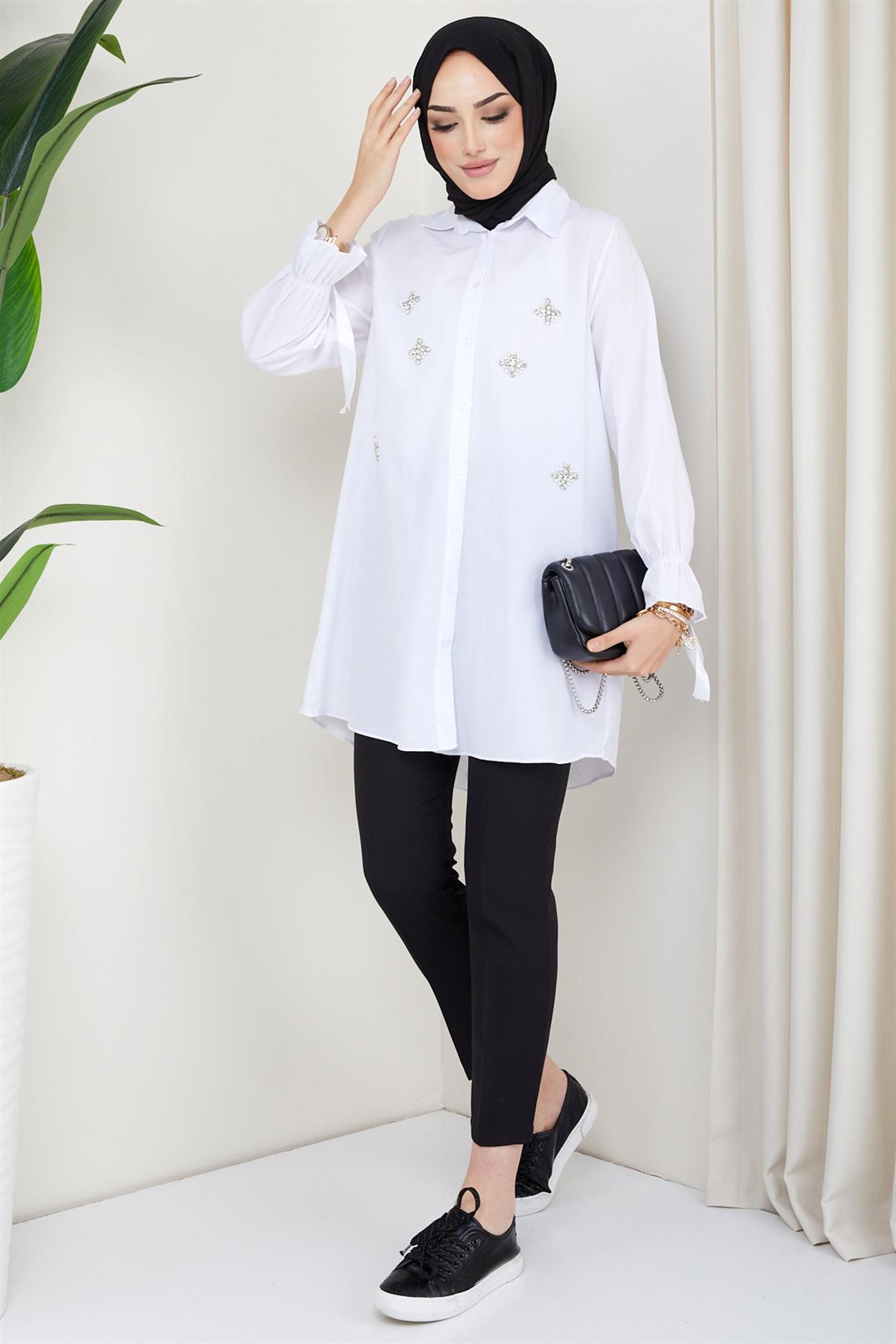 Taş Detaylı Tunik Beyaz