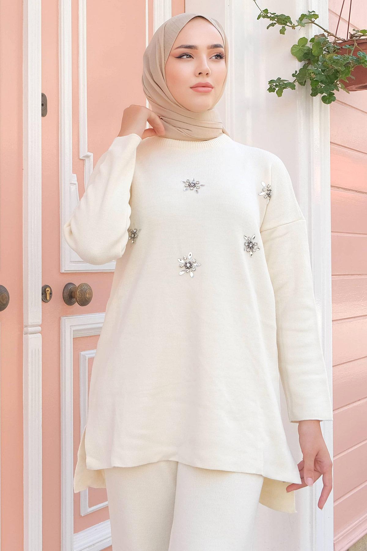 Taşlı Triko Takım Beyaz HM2238