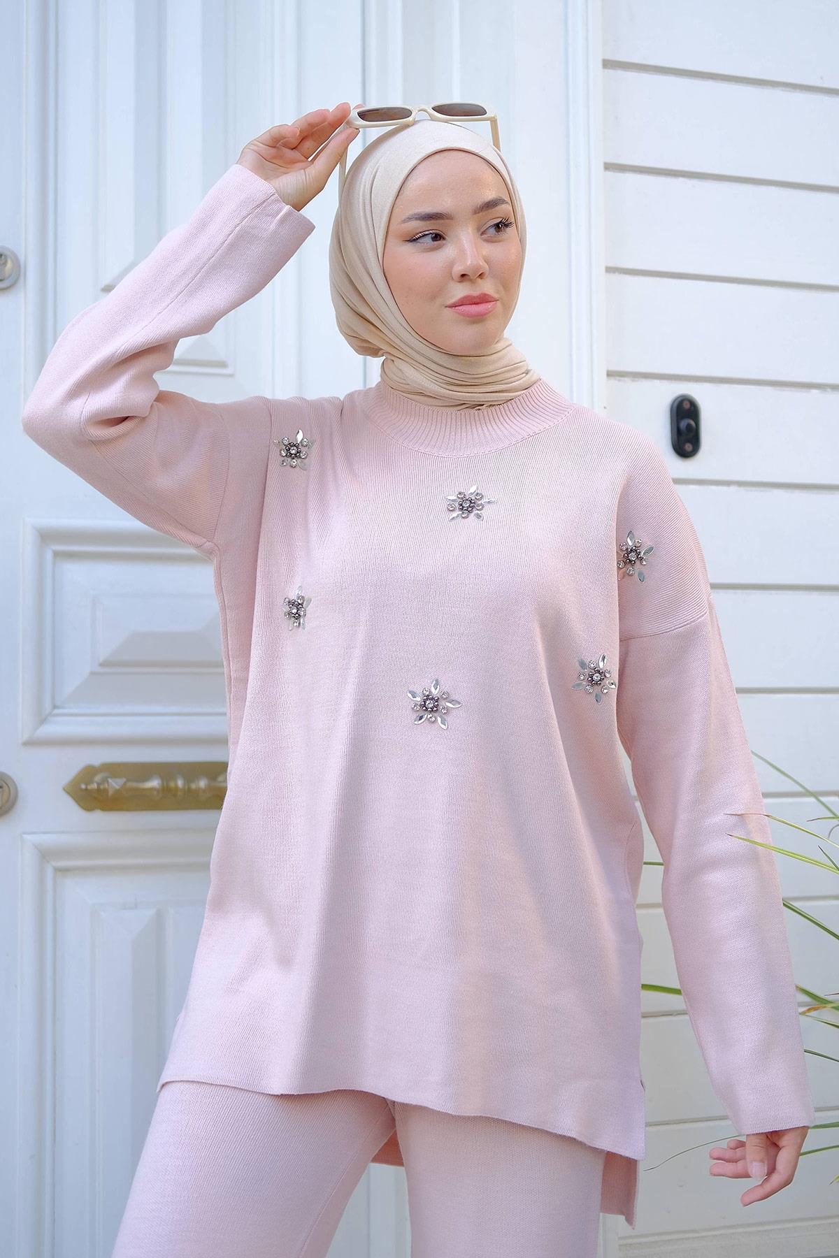 Taşlı Triko Takım Pudra HM2238