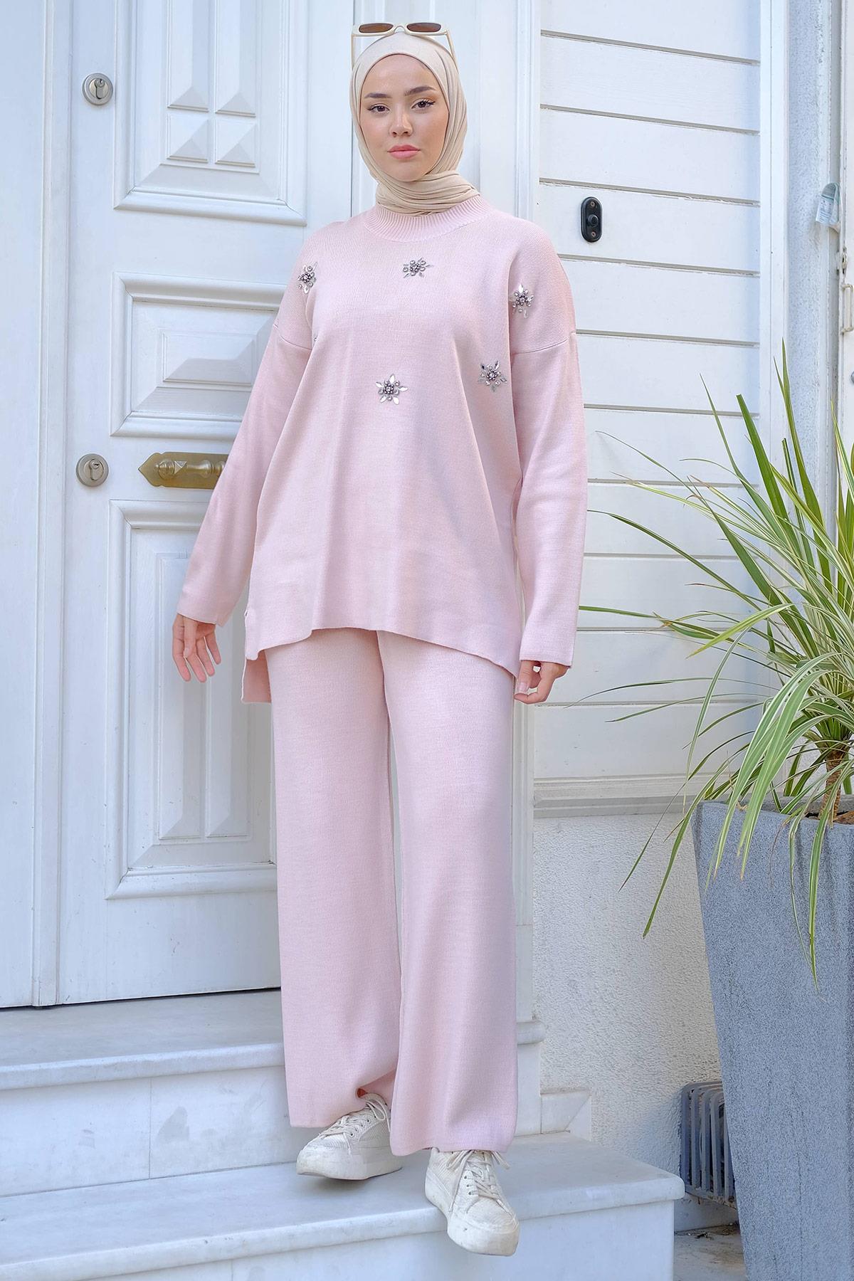 Taşlı Triko Takım Pudra HM2238