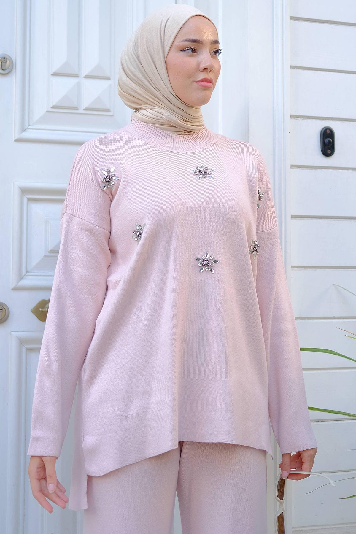 Taşlı Triko Takım Pudra HM2238