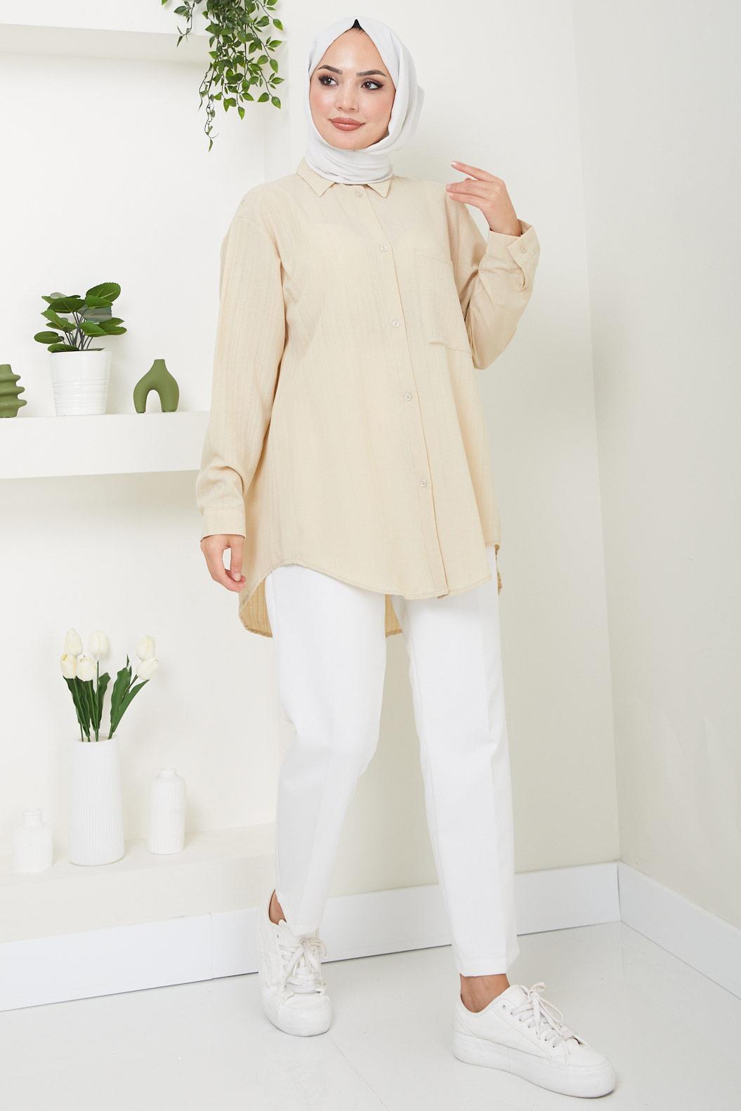 Tek Cepli Oversize Gömlek Bej HM2482