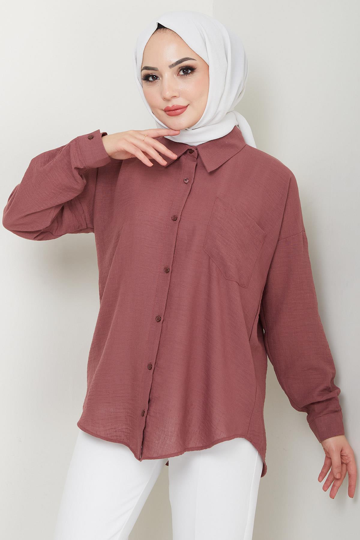 Tek Cepli Uzun Kol Oversize Keten Gömlek Gül Kurusu HM2651
