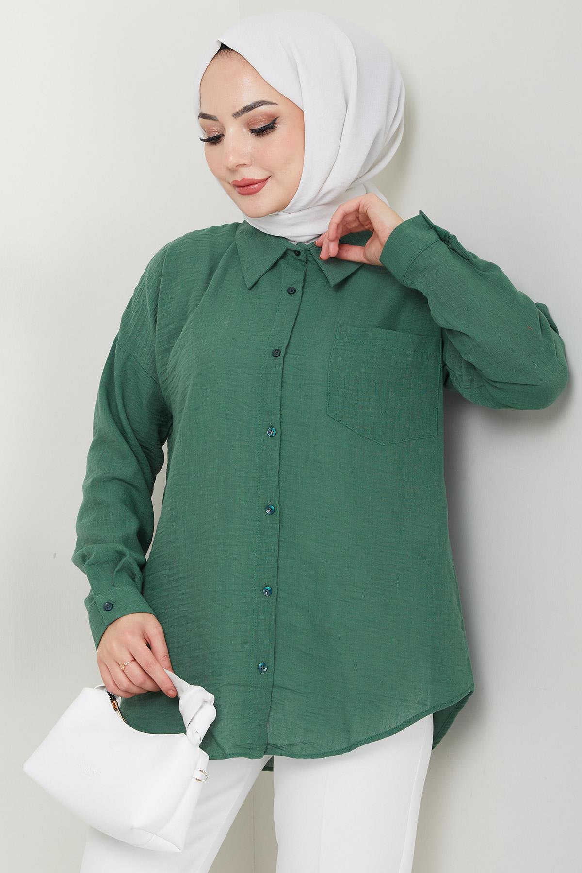 Tek Cepli Uzun Kol Oversize Keten Gömlek Haki HM2651