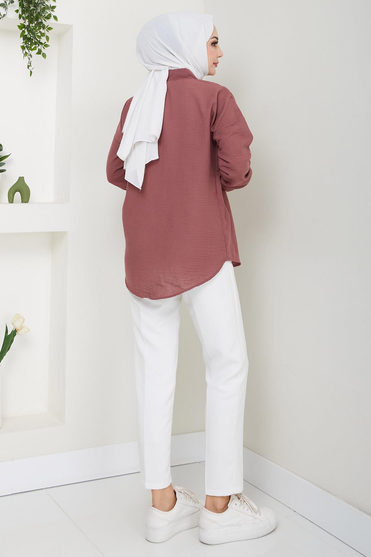 Tek Cepli Uzun Kol Oversize Keten Gömlek Gül Kurusu HM2651
