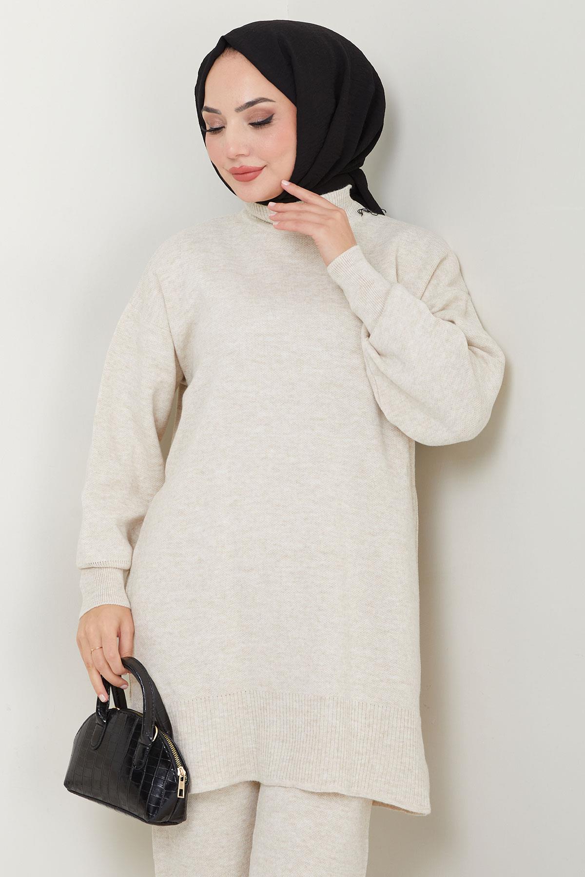 Tek Renk İkili Triko Takım Krem HM2574