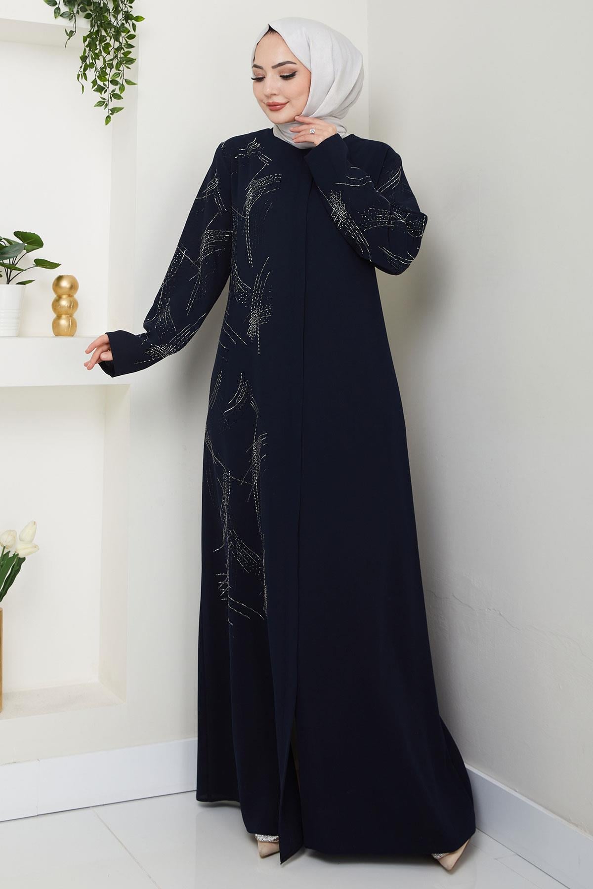 Tek Tarafı ve Kolları Taşlı Büyük Beden Ferace Lacivert HM2711