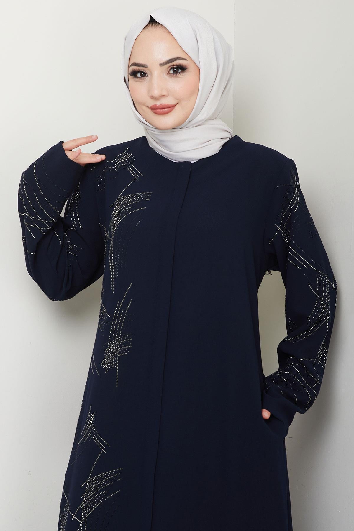 Tek Tarafı ve Kolları Taşlı Büyük Beden Ferace Lacivert HM2711
