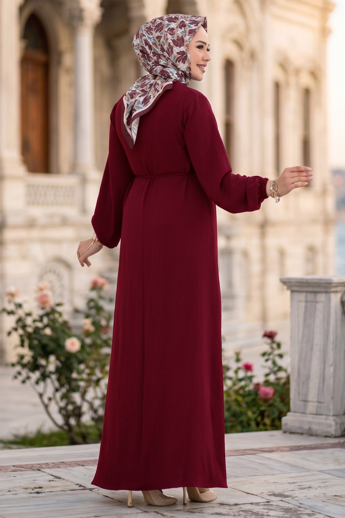Toka Detaylı Bağlamalı Ayrobin Elbise Bordo HM2907
