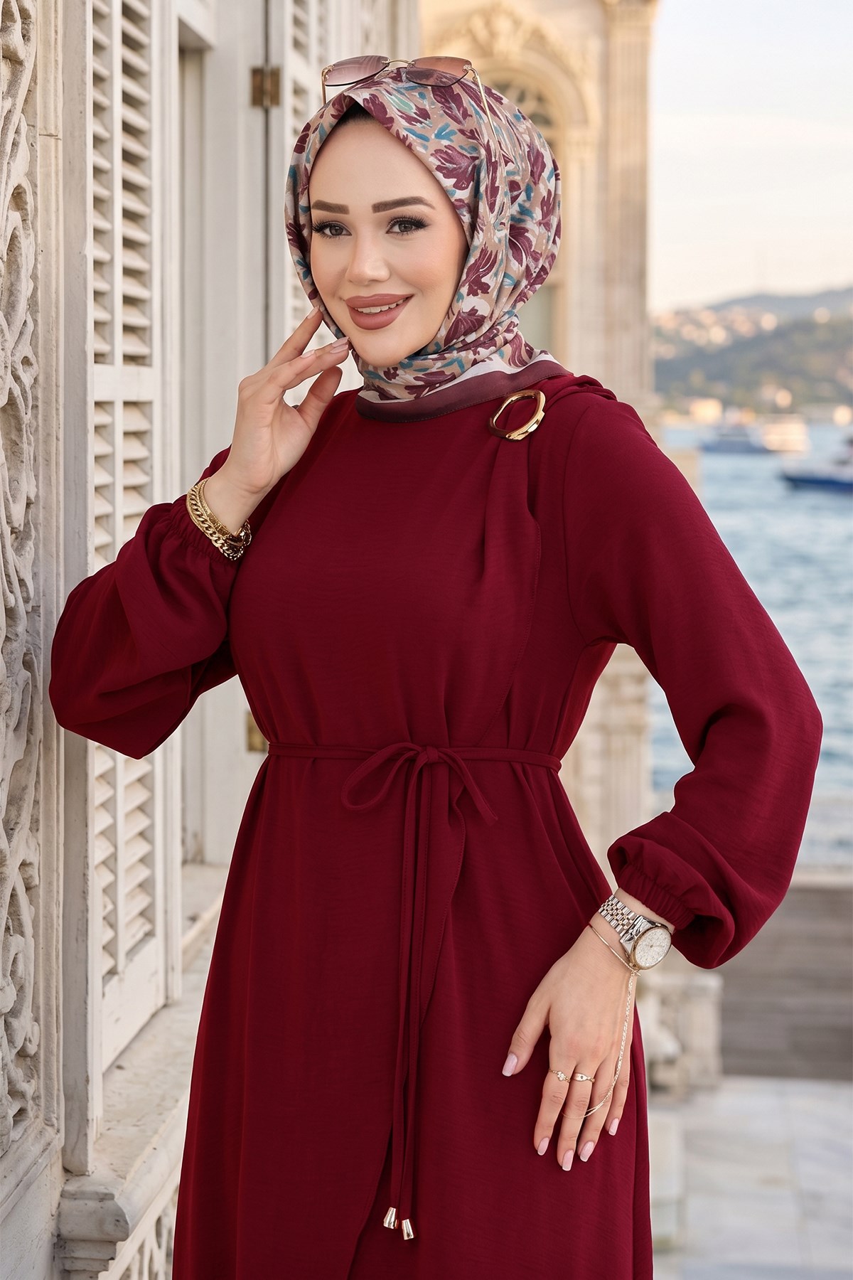 Toka Detaylı Bağlamalı Ayrobin Elbise Bordo HM2907