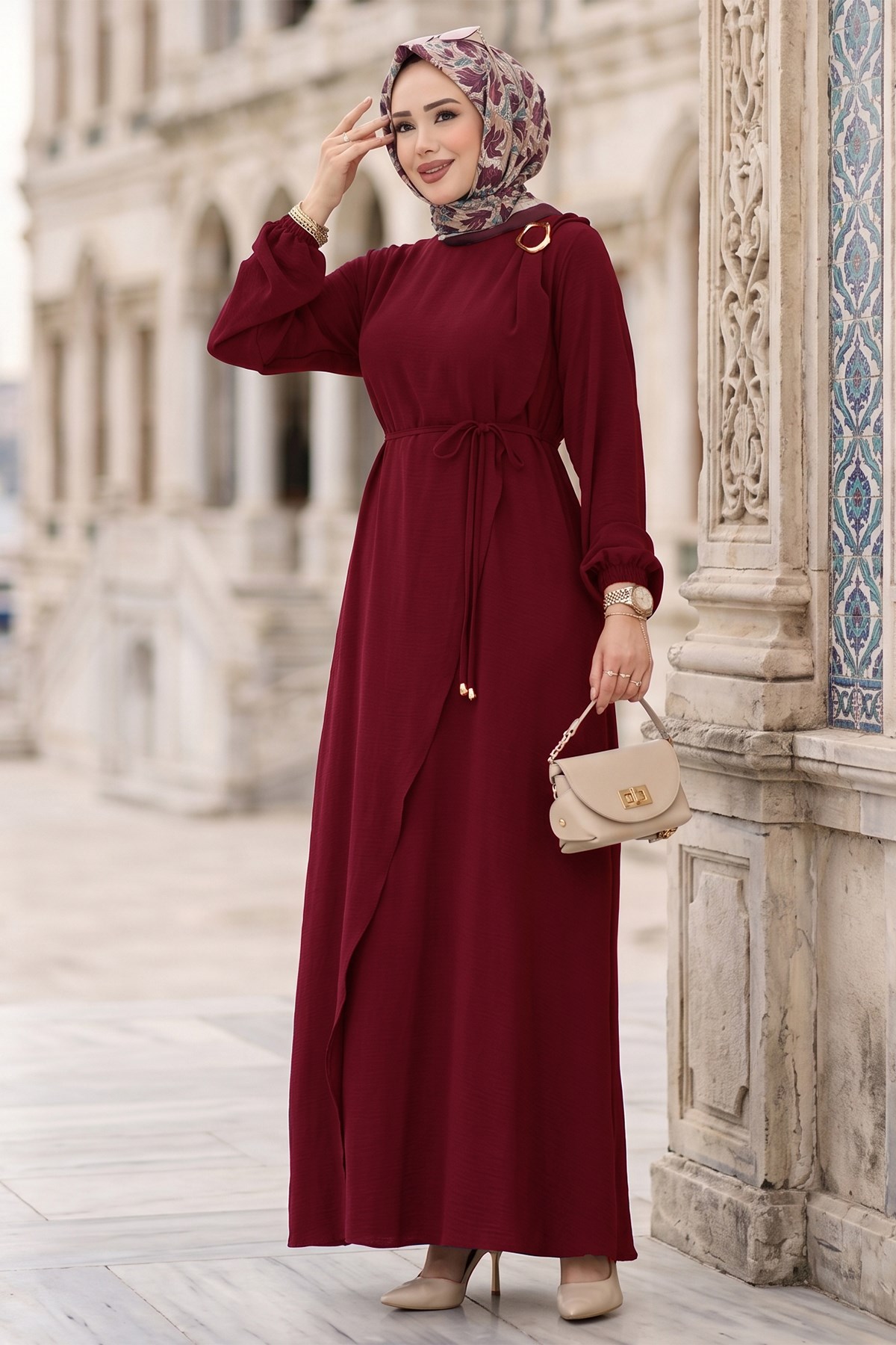 Toka Detaylı Bağlamalı Ayrobin Elbise Bordo HM2907