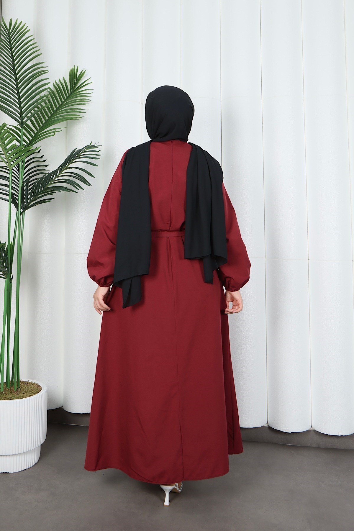 Toka Detaylı Kuşaklı Terikoton Elbise Bordo   HNT0332