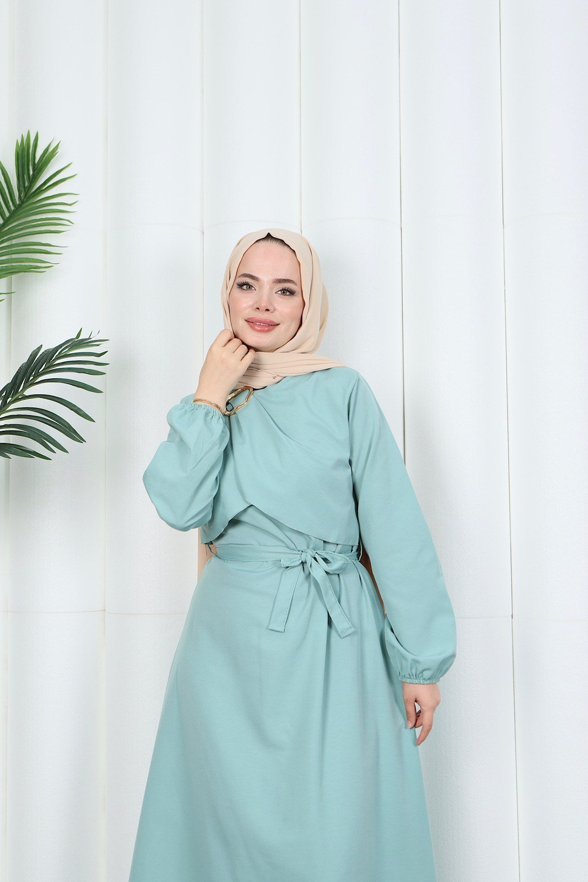 Toka Detaylı Kuşaklı Terikoton Elbise Mint    HNT0332