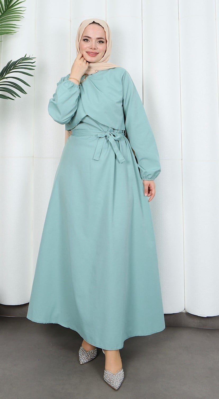 Toka Detaylı Kuşaklı Terikoton Elbise Mint    HNT0332