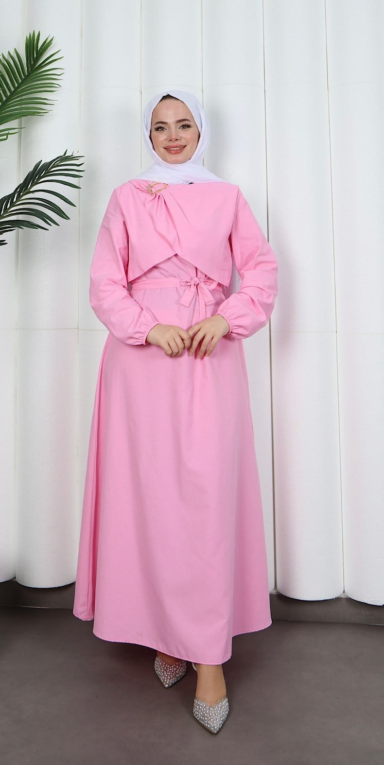 Toka Detaylı Kuşaklı Terikoton Elbise Pembe  HNT0332