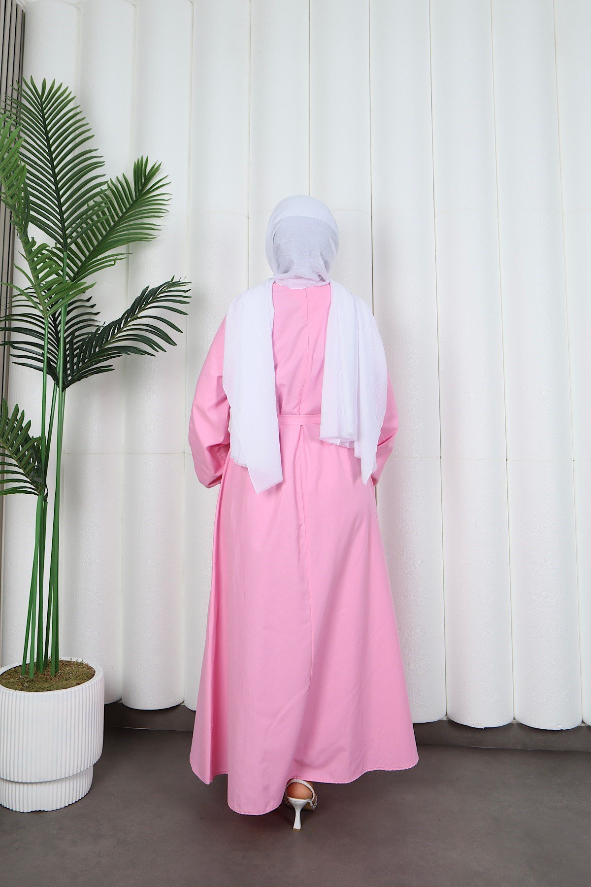Toka Detaylı Kuşaklı Terikoton Elbise Pembe  HNT0332