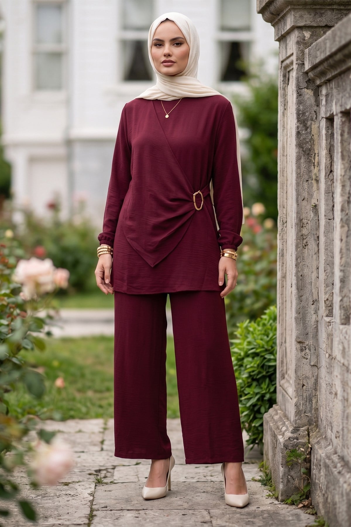 Toka Detaylı Pantolonlu Ayrobin Takım Bordo HM2921