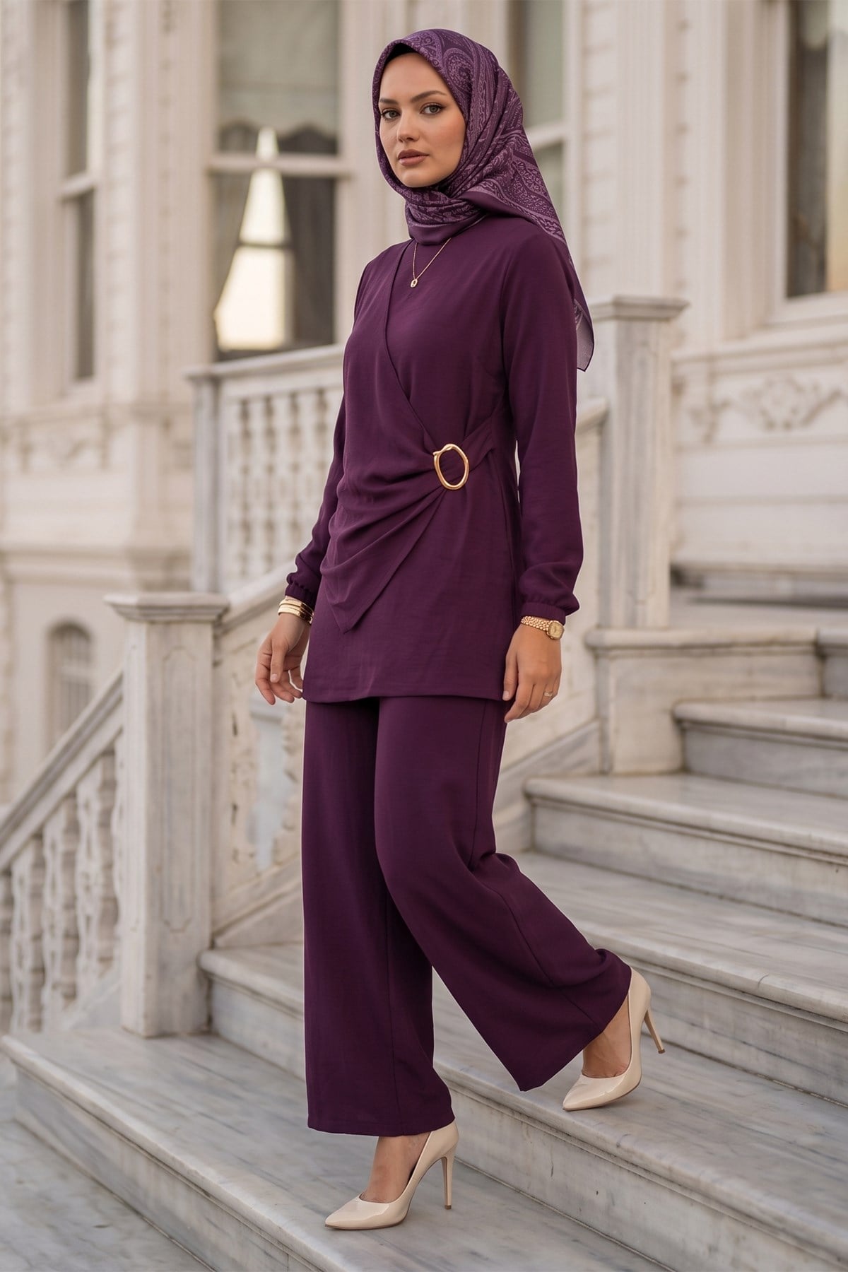 Toka Detaylı Pantolonlu Ayrobin Takım Mürdüm HM2921