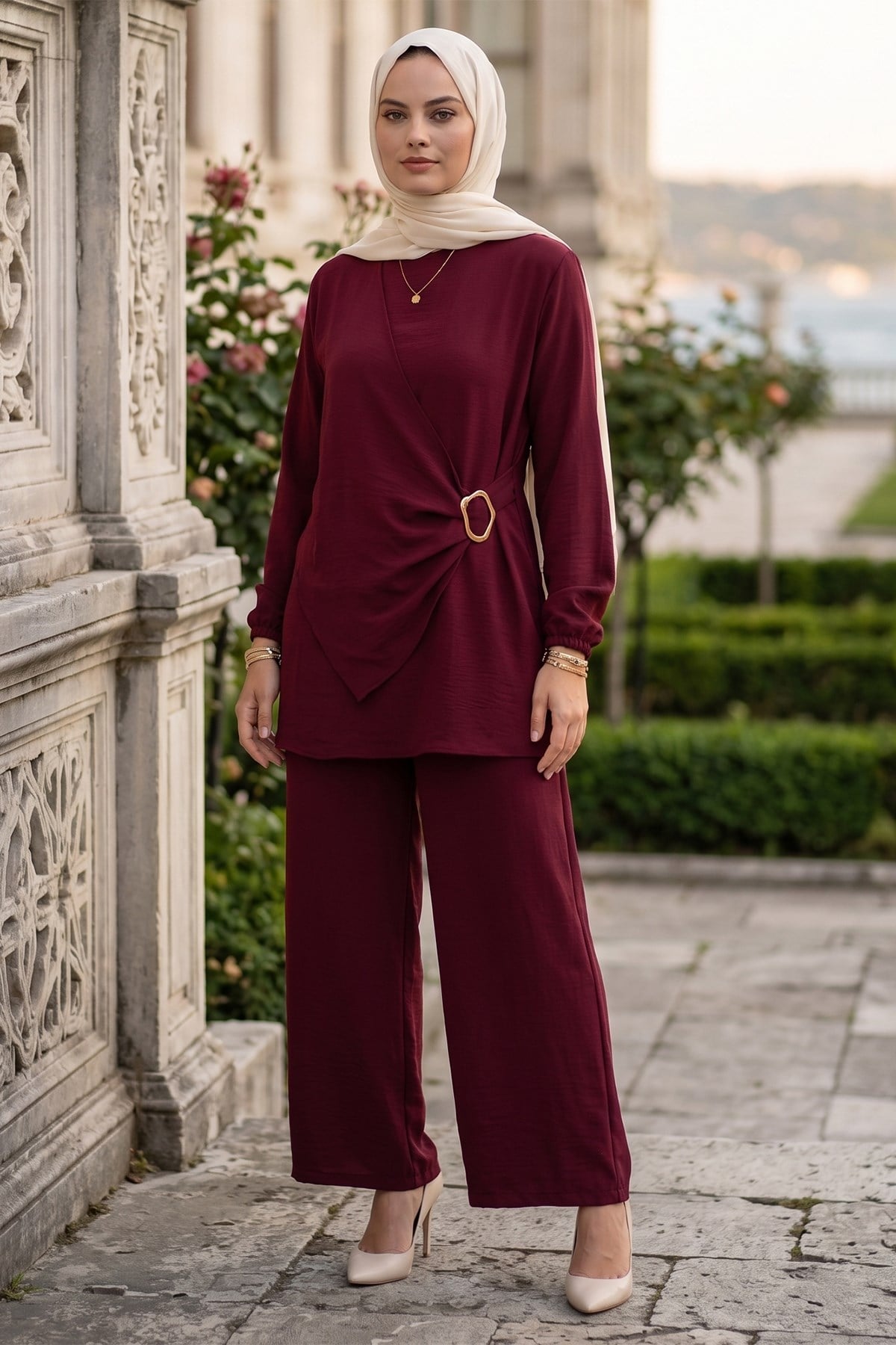 Toka Detaylı Pantolonlu Ayrobin Takım Bordo HM2921