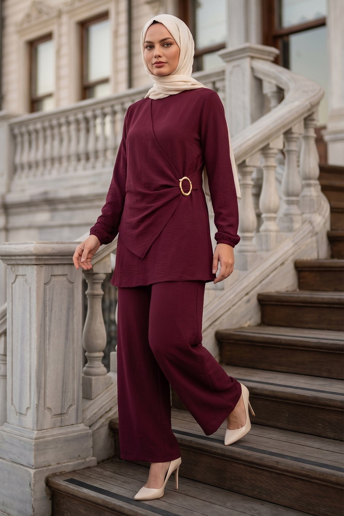 Toka Detaylı Pantolonlu Ayrobin Takım Bordo HM2921