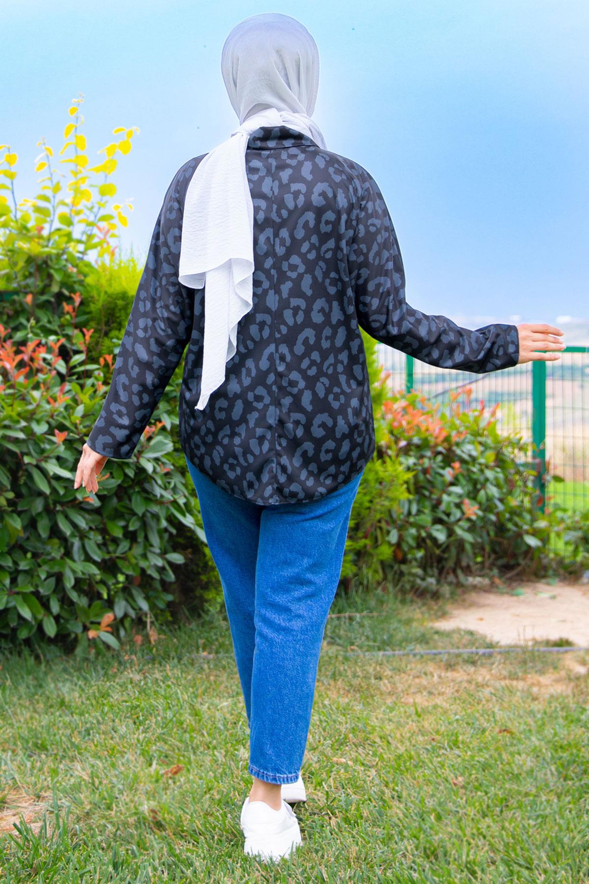 Top Düğmeli Leopar Desen Tunik Siyah