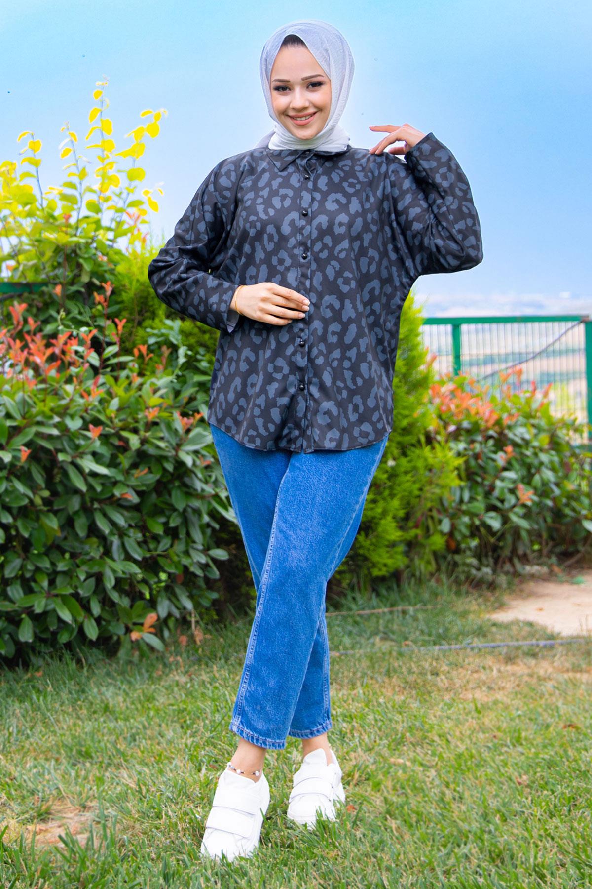 Top Düğmeli Leopar Desen Tunik Siyah