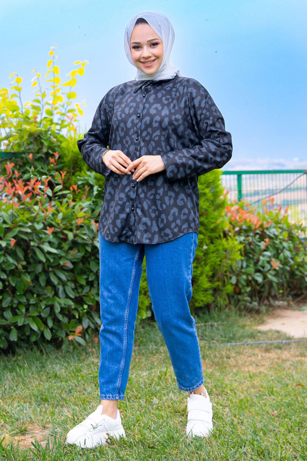 Top Düğmeli Leopar Desen Tunik Siyah