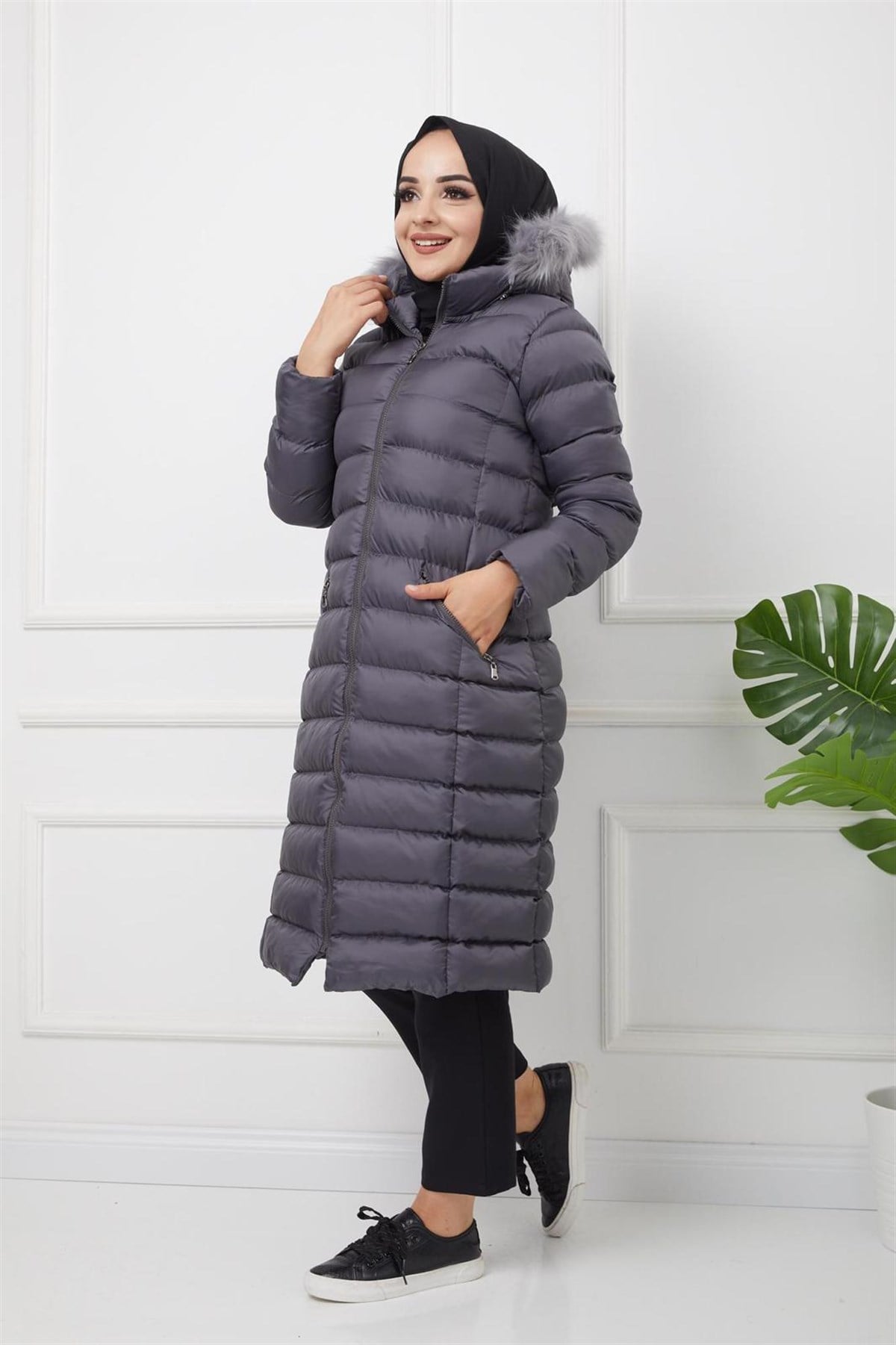 Uzun Dolumlu Şişme Mont Koyu Gri