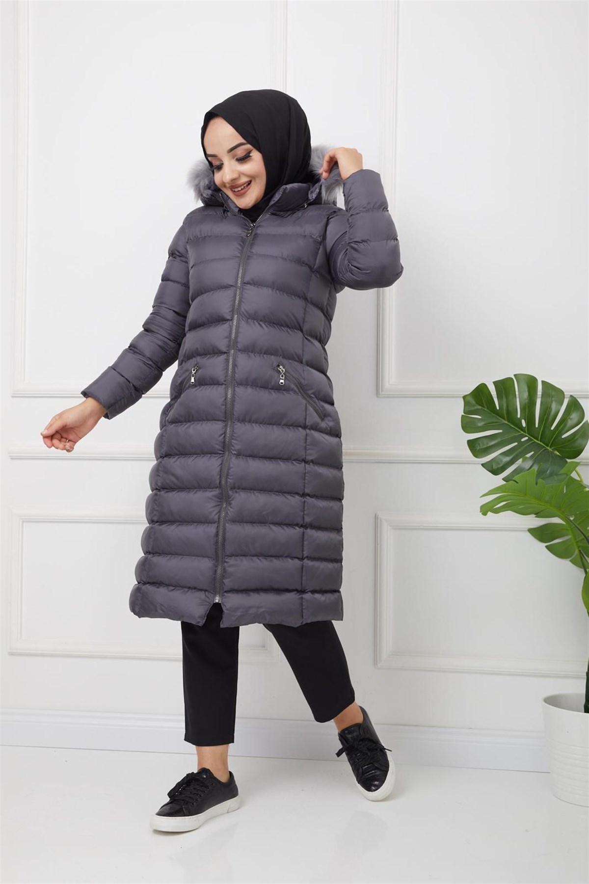 Uzun Dolumlu Şişme Mont Koyu Gri