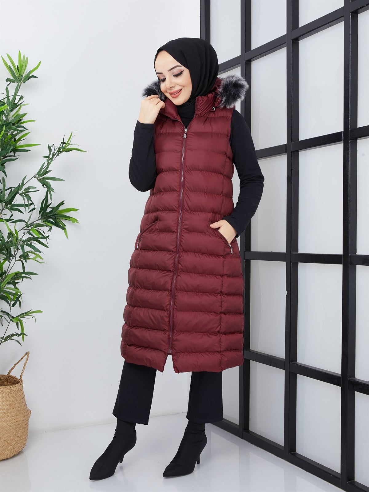 Uzun Dolumlu Şişme Yelek Bordo