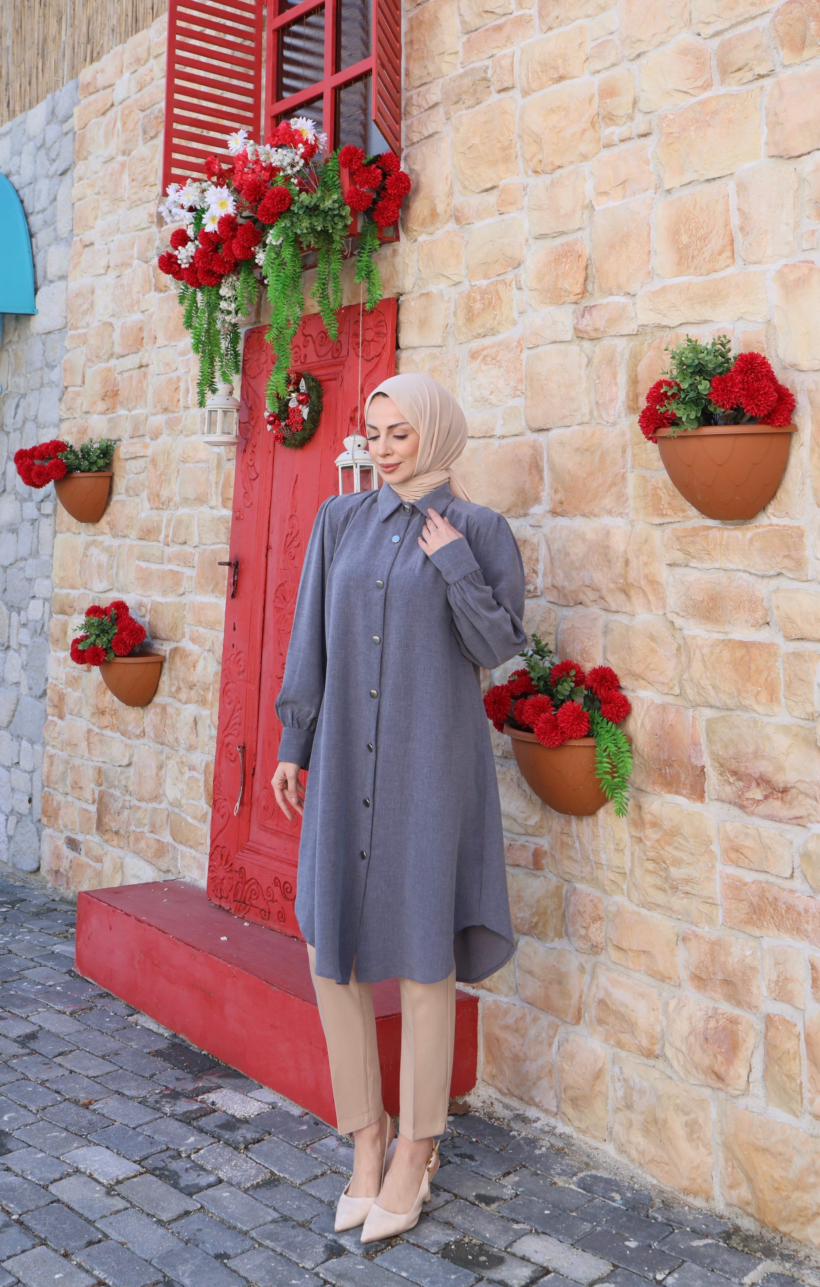 Uzun Düğmeli Tunik  Koyu Gri   HNT8533