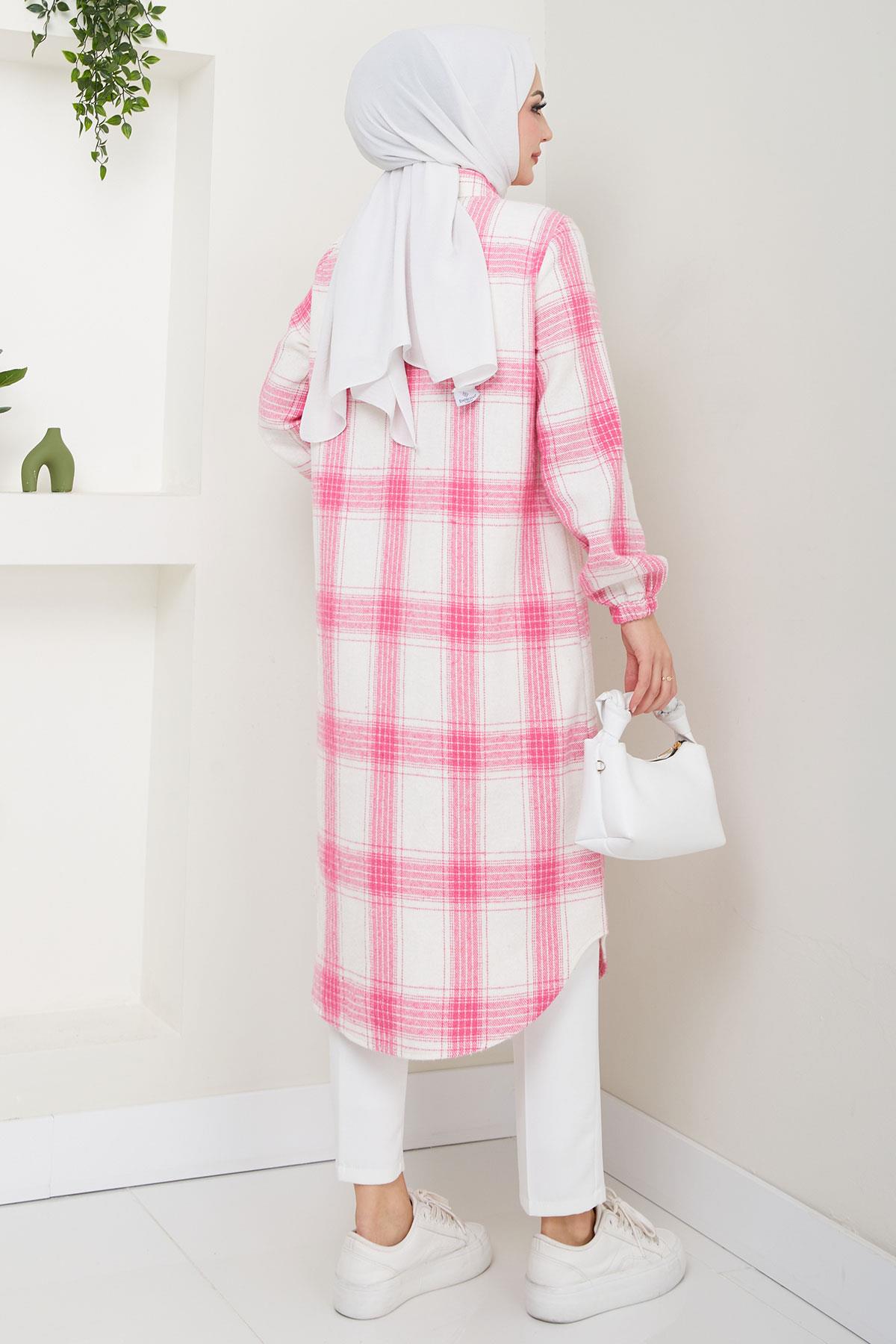 Uzun Ekose Oduncu Gömlek Tunik Pembe HM2652