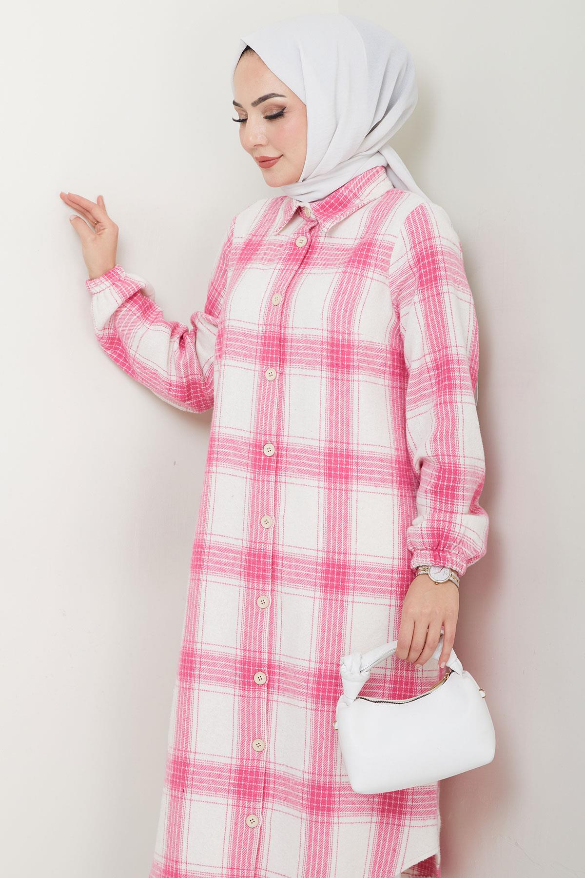 Uzun Ekose Oduncu Gömlek Tunik Pembe HM2652