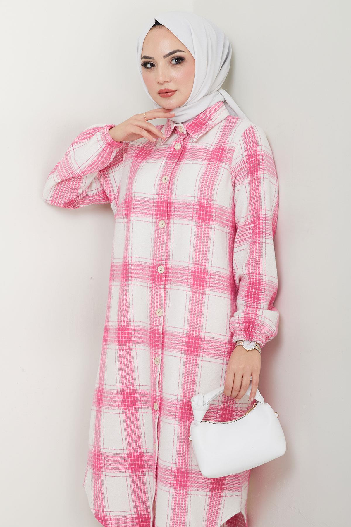 Uzun Ekose Oduncu Gömlek Tunik Pembe HM2652