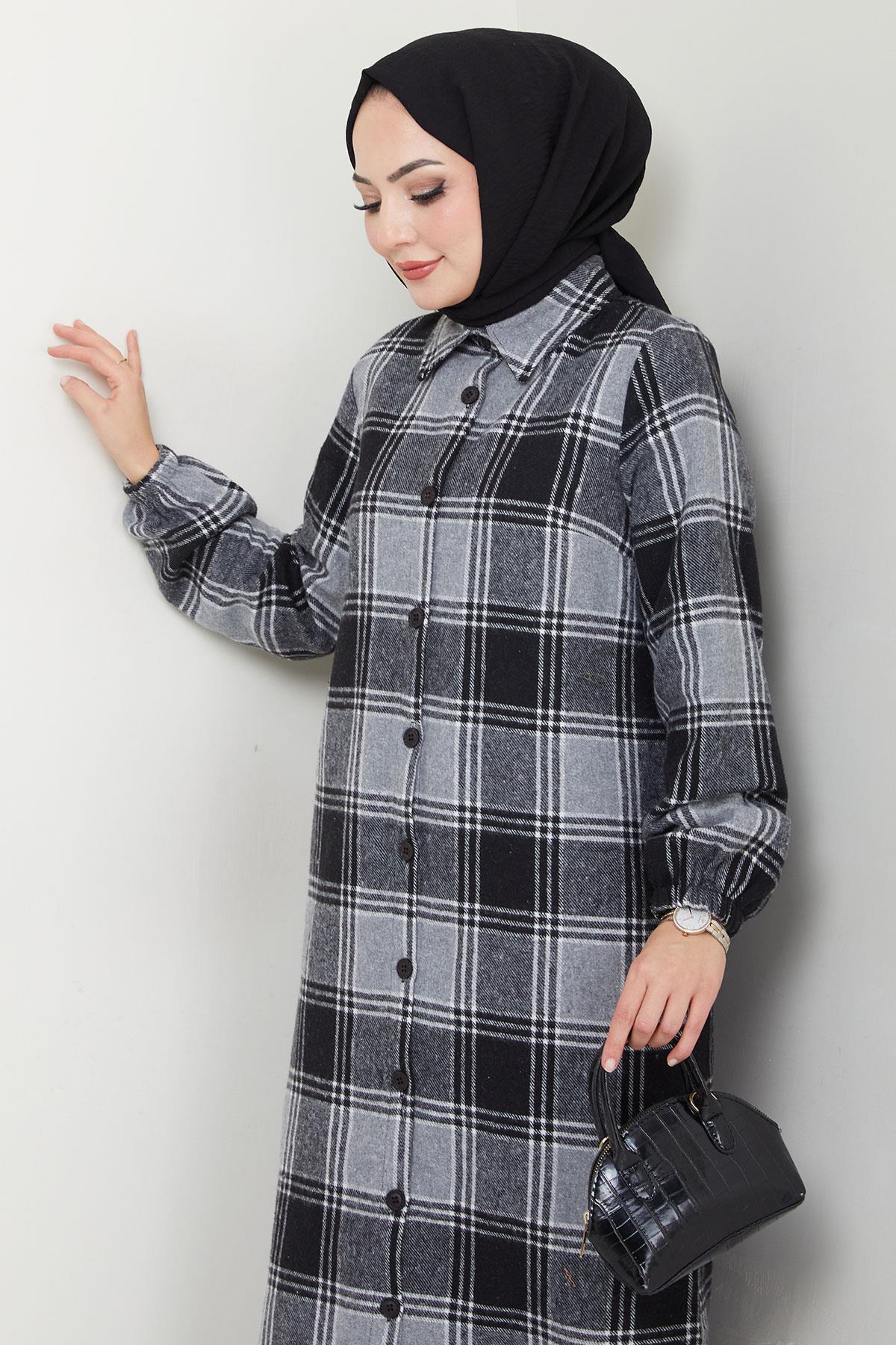 Uzun Ekose Oduncu Gömlek Tunik Siyah HM2652