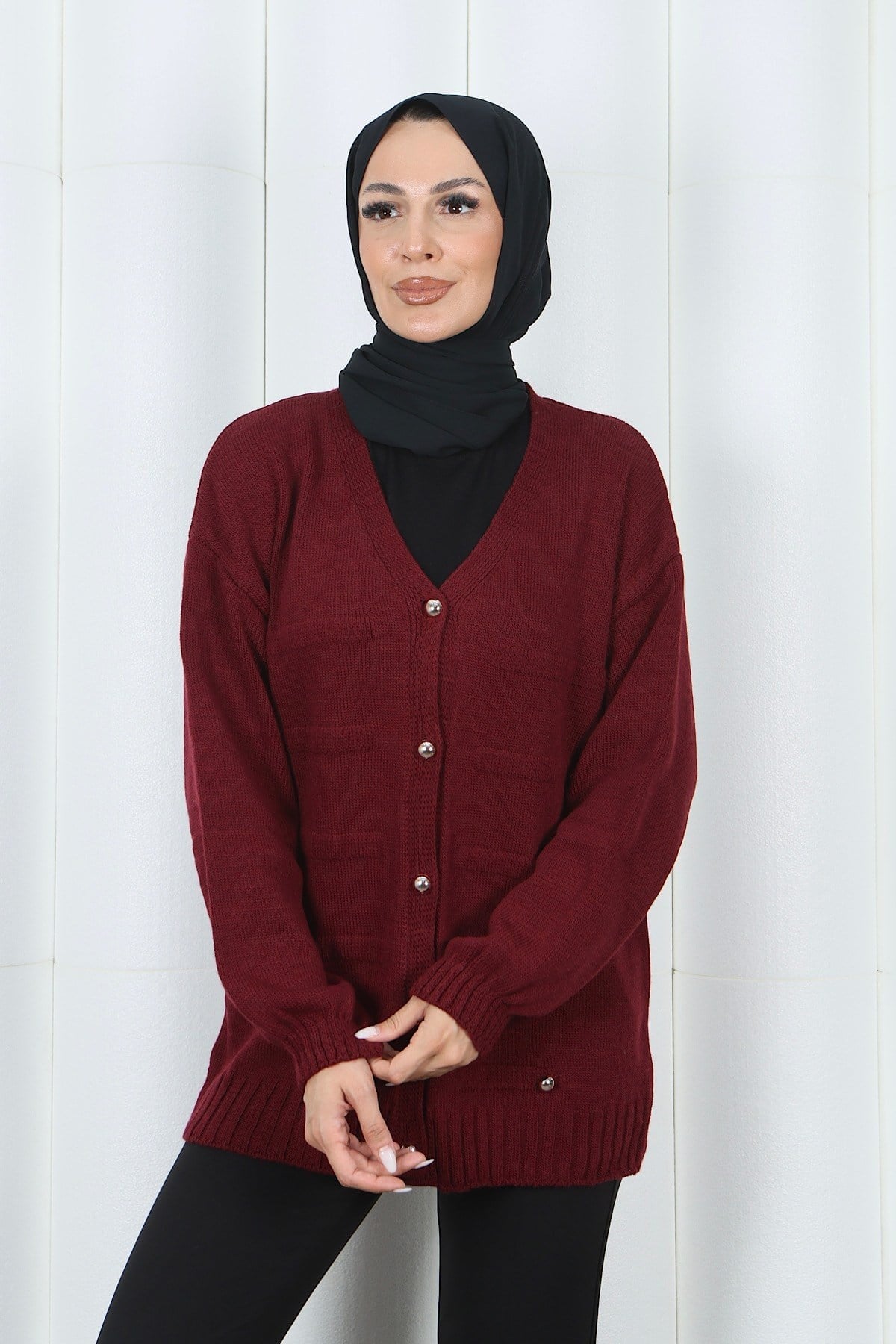 V Yaka Düğme Detaylı Triko Hırka Bordo HNT2810